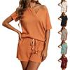 Set da Donna con Scollo a V, Manica Corta, Coulisse e Pantaloncini, Lavorazione a Maglia Testurizzata, Loungewear Pigiama per Casa e Uso Casual