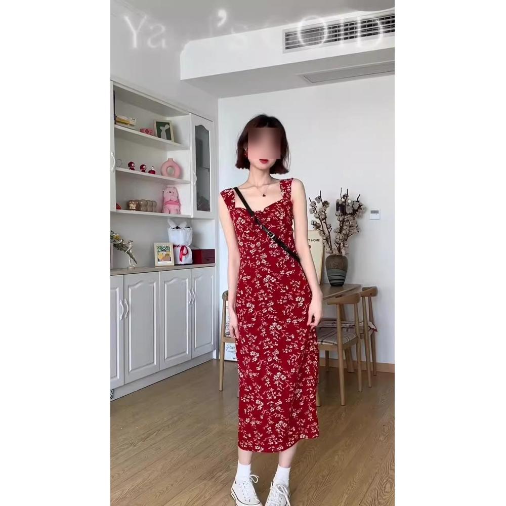 French red floral suspender dress children's summer design sense new seaside vacation beach dress