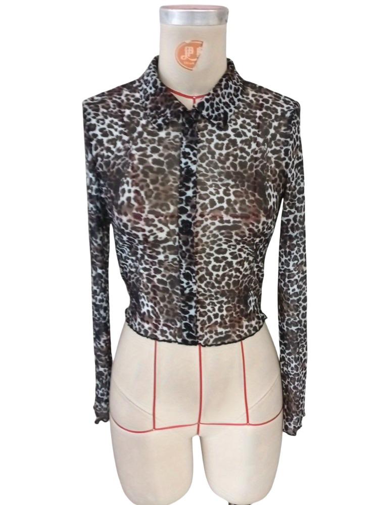 Y2K Leopard Printed Mesh Single-breasted Wooden-ear Rimmed Long-sleeved Short Section Blouses Tops for Women Versatile Closet Essential Fashion Shirt