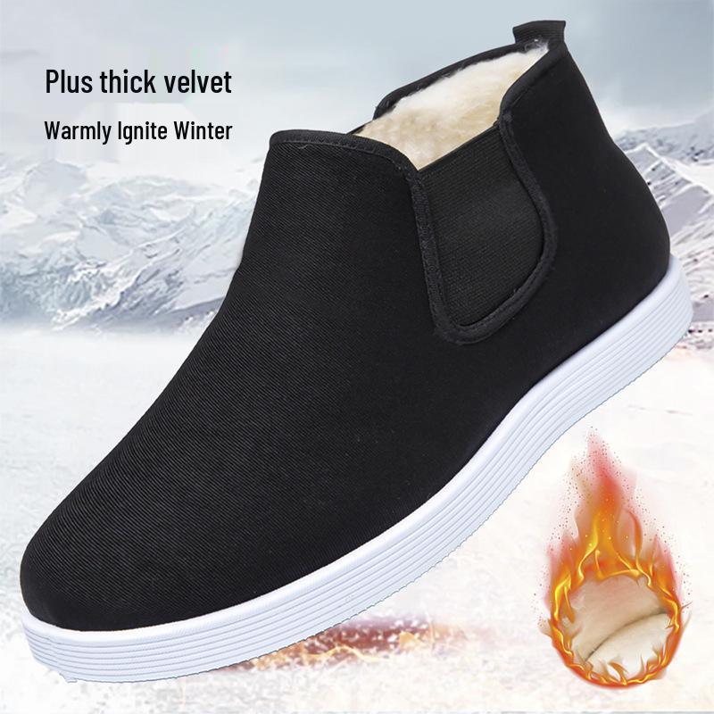 Men's Black High-Top Cloth Shoes - Rubber Sole, Cotton, Dustproof, Wear-Resistant, Breathable, Slip-On