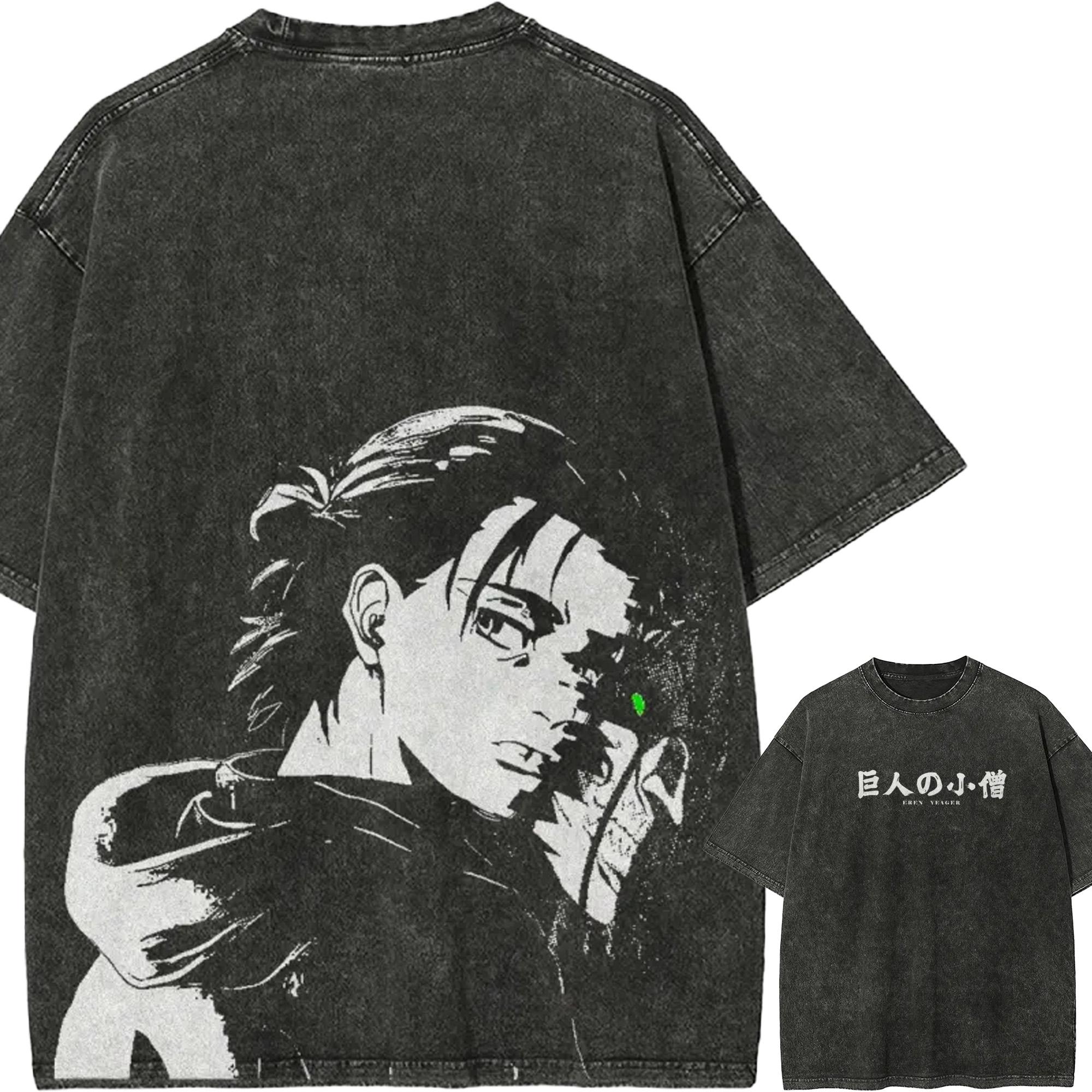 

Eren Yeager Attack on Titan T-shirt Green Eye Tee Vintage Washed Oversized Retro Anime Harajuku Men Streetwear Graphic Clothes M