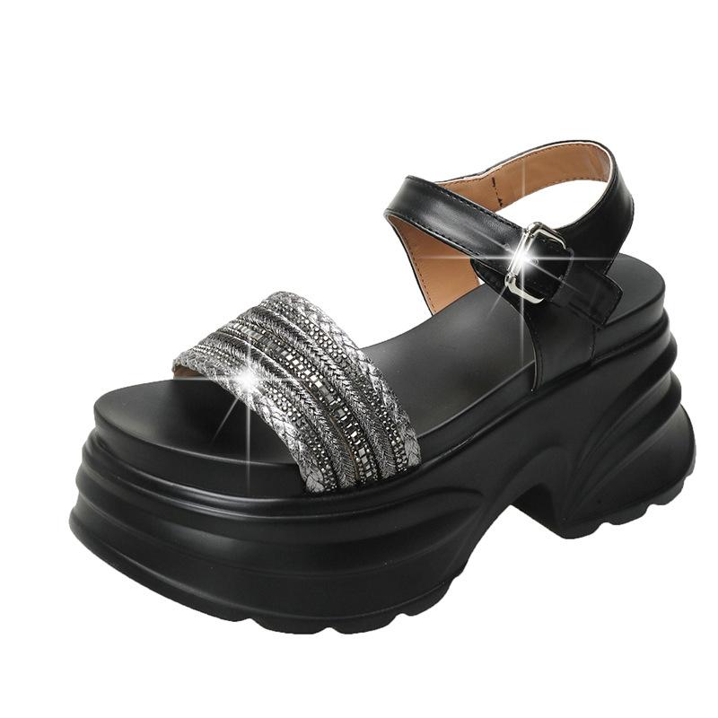 Women's Sandals for Summer Outdoor Wear, Light Luxury Rhinestone Thick-soled Roman Shoes, Exquisite All-match Sandals