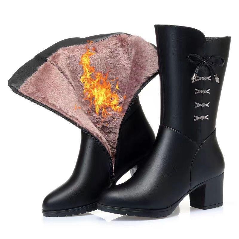 

Модные осенне-зимние кожаные ботинки до середины икры с круглым носком и флисовой подкладкой, женская готическая мода 2025, на среднем каблуке, теплые полусапоги для женщин 38