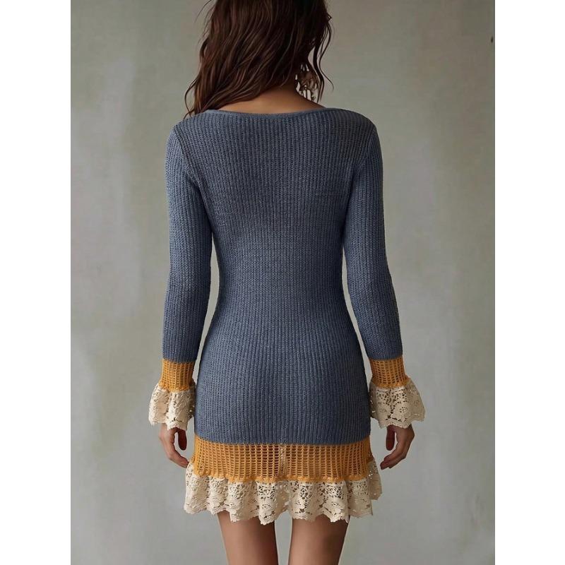 Women Casual Long Sleeve Knit V Neck Irregular Short Sweater Dress
