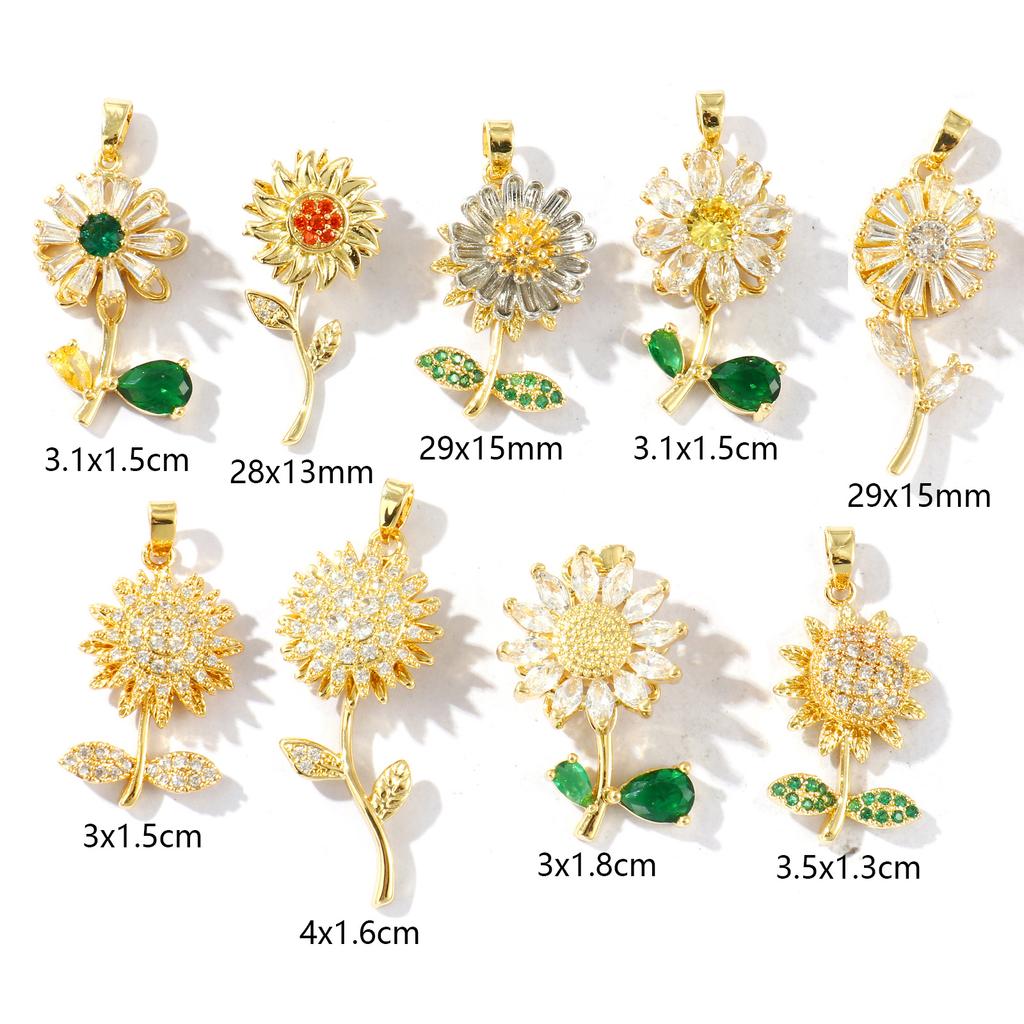 1 Piece Brass & Rhinestone Charms 18K Gold Plated Flower Rotatable Sunflower Daisy Pendants For DIY Necklace Jewelry Making