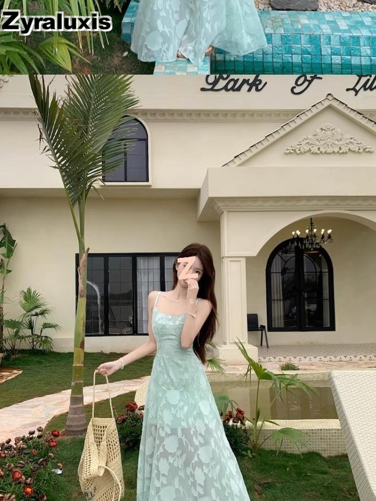 Summer New French Fresh Sweet Strappy Dress for Women Beach Vacation Outfit High Waist Midi Skirt