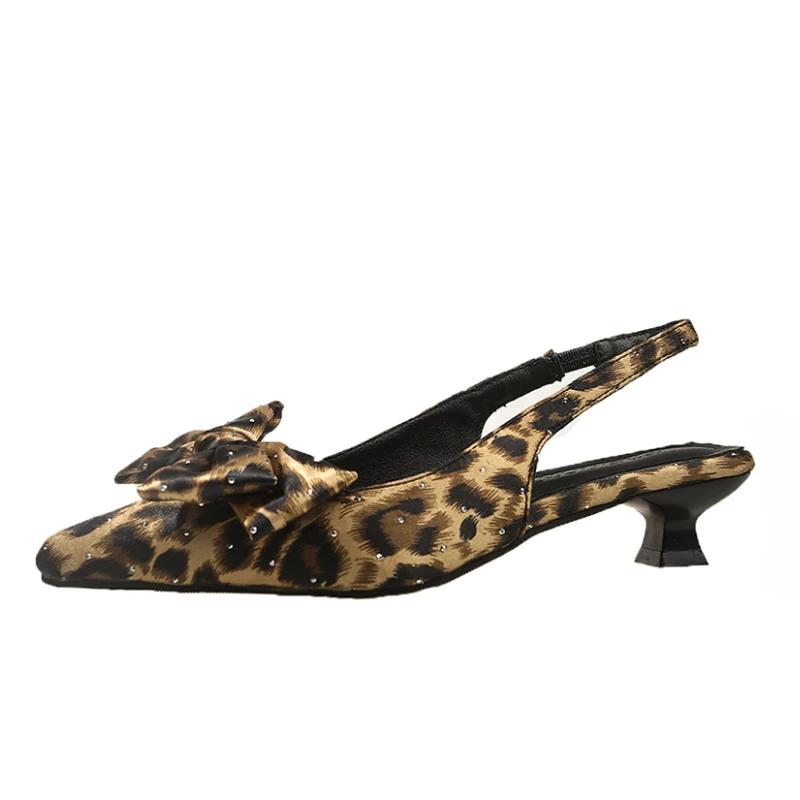 Leopard Women Mid Heels Sandals Bow Pointed Toe Heeled Shoes Sexy Fashion Pumps 2025 Trend Slingback Shallow Sandalias De Mujer