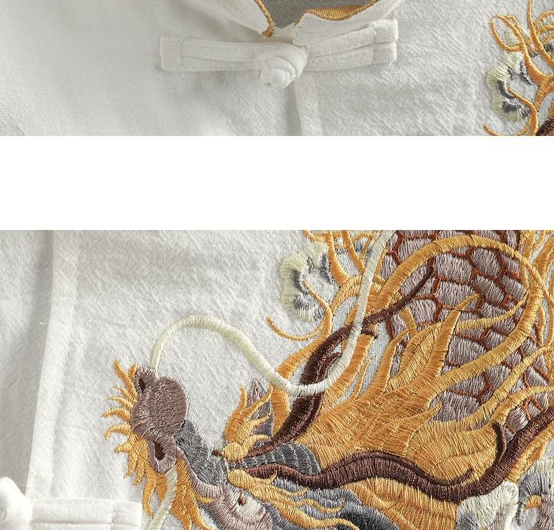 Men's Summer Embroidered Dragon Cotton Linen Shirt - Zen Style Tang Suit