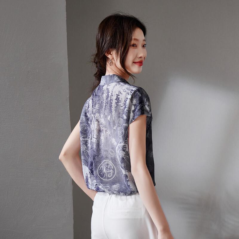 SOFSIL Women's 2026 Summer Silk Printed Short Sleeve Lapel Shirt
