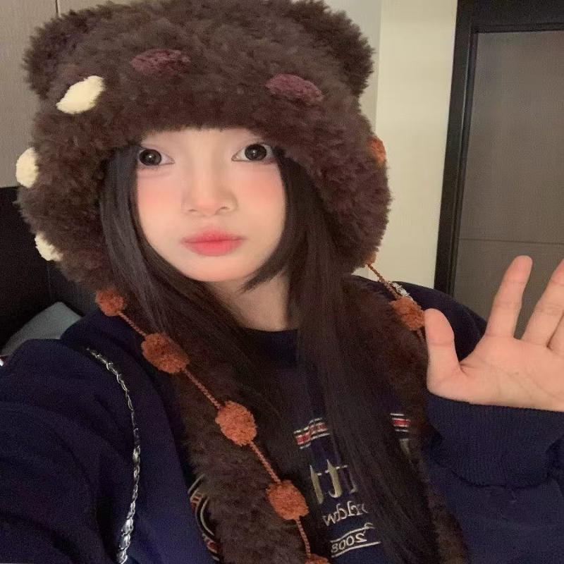Popular Cute And Fluffy Versatile Little Bear Ear Hat Warm Autumn And Winter Colorful Lace-up Knitted Hat Mountaineering Scarf