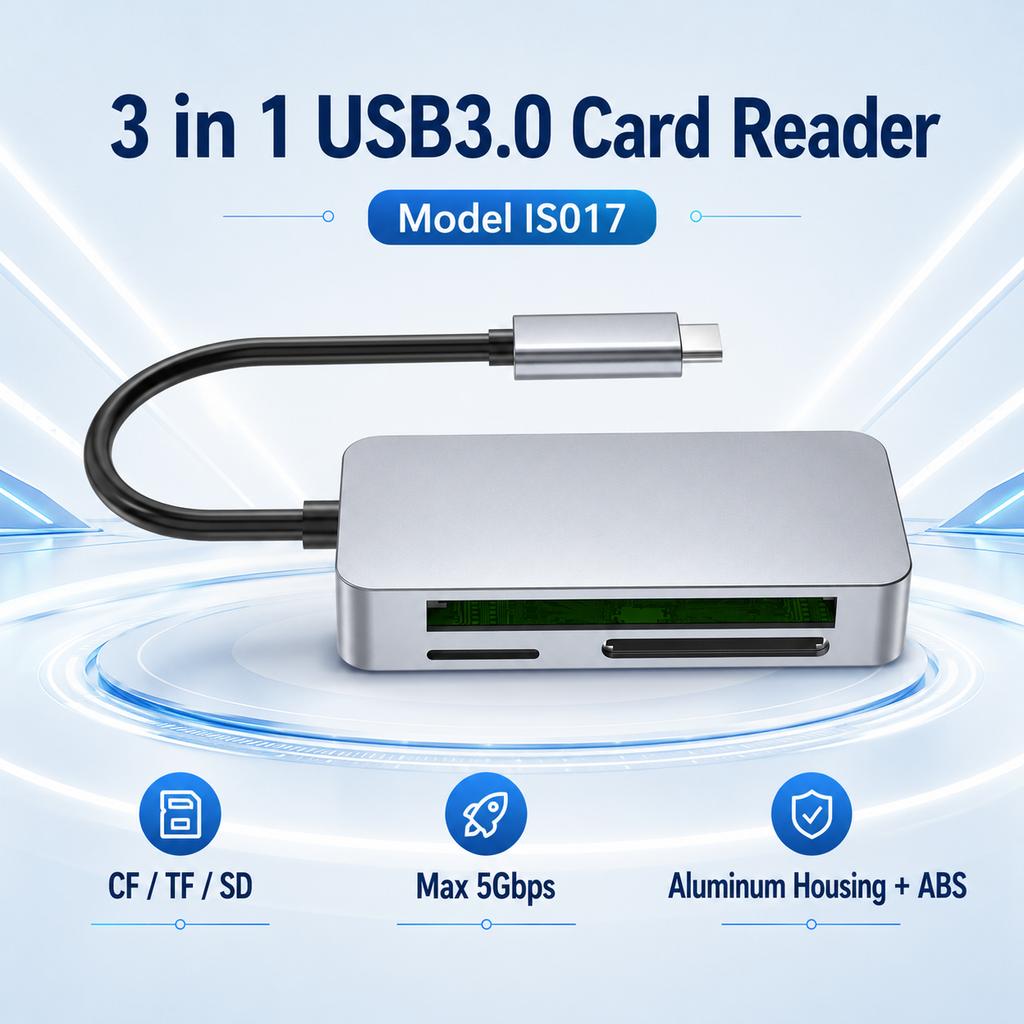 External USB3.0 3-in-1 Aluminum Card Reader 5Gbps CF/SD/TF with Type-C & USB-A Connectors