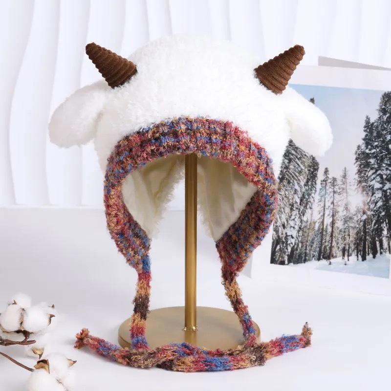 Niedliche Damenmütze im koreanischen Stil mit Ohrenschutz aus Lammwolle zum Binden für Herbst und Winter