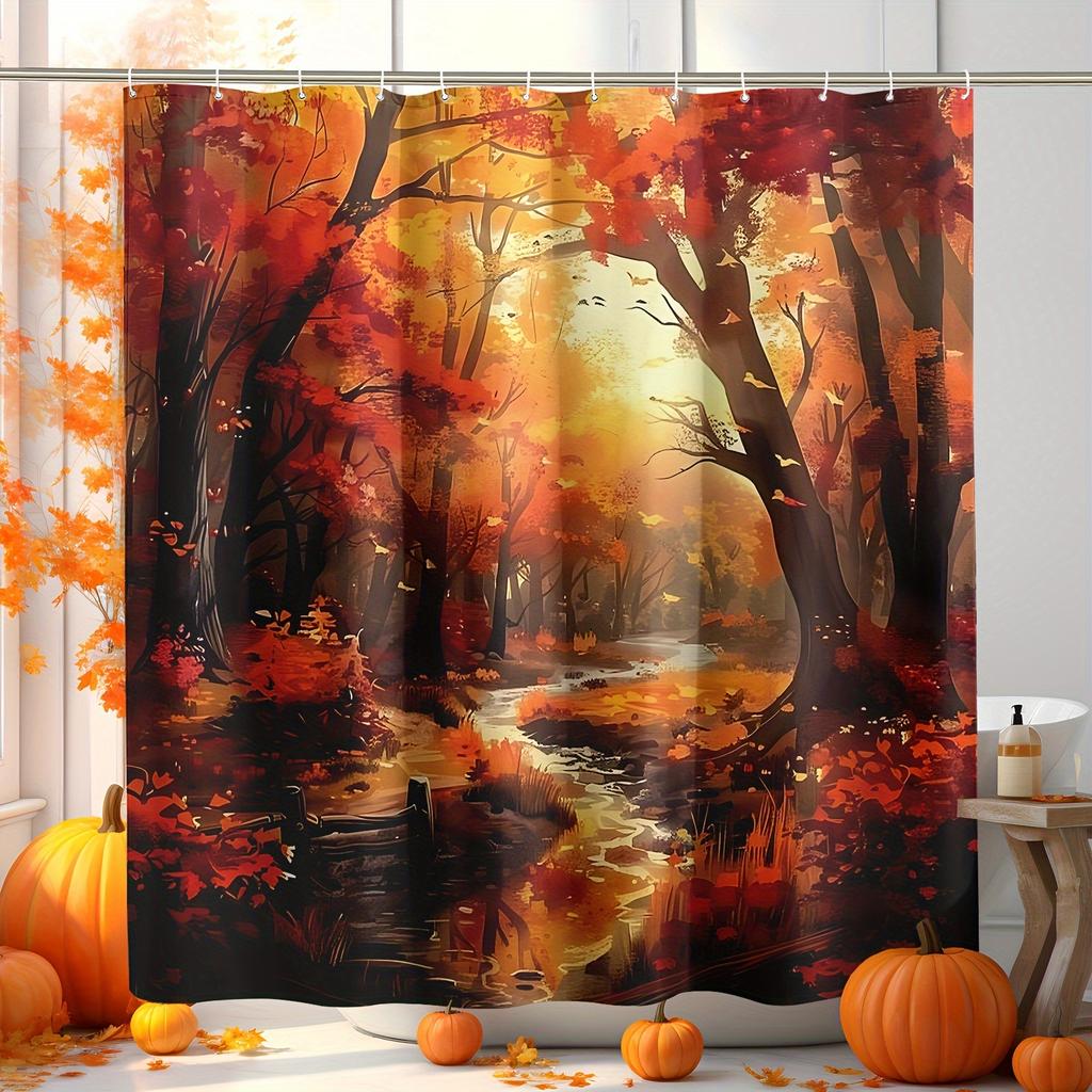 Elegant Autumn Forest Scene Waterproof Shower Curtain – Perfect for Bringing a Warm and Cozy Atmosphere to Your Bathroom Decor