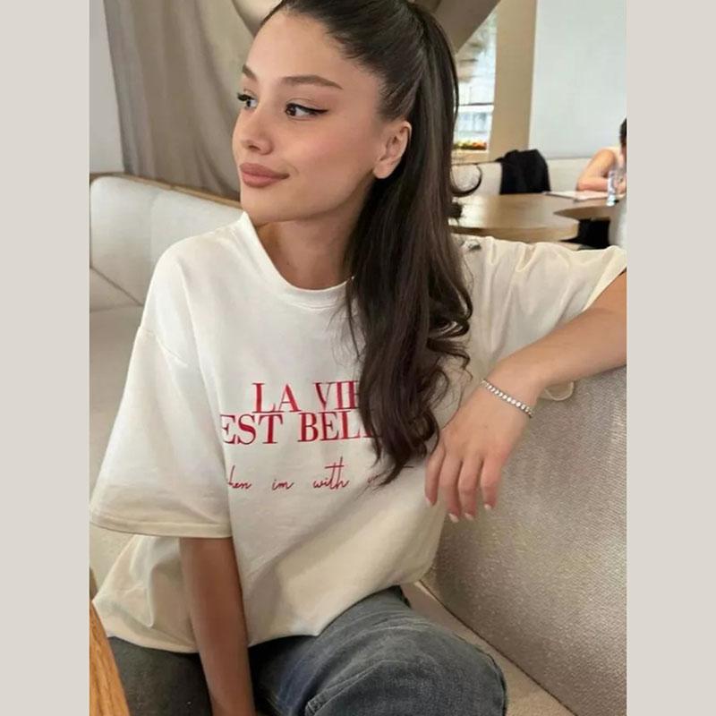 

Простая хлопковая футболка с буквенным принтом, женская, весна-лето, свободная футболка с круглым вырезом и коротким рукавом, женская модная уличная универсальная футболка L белый