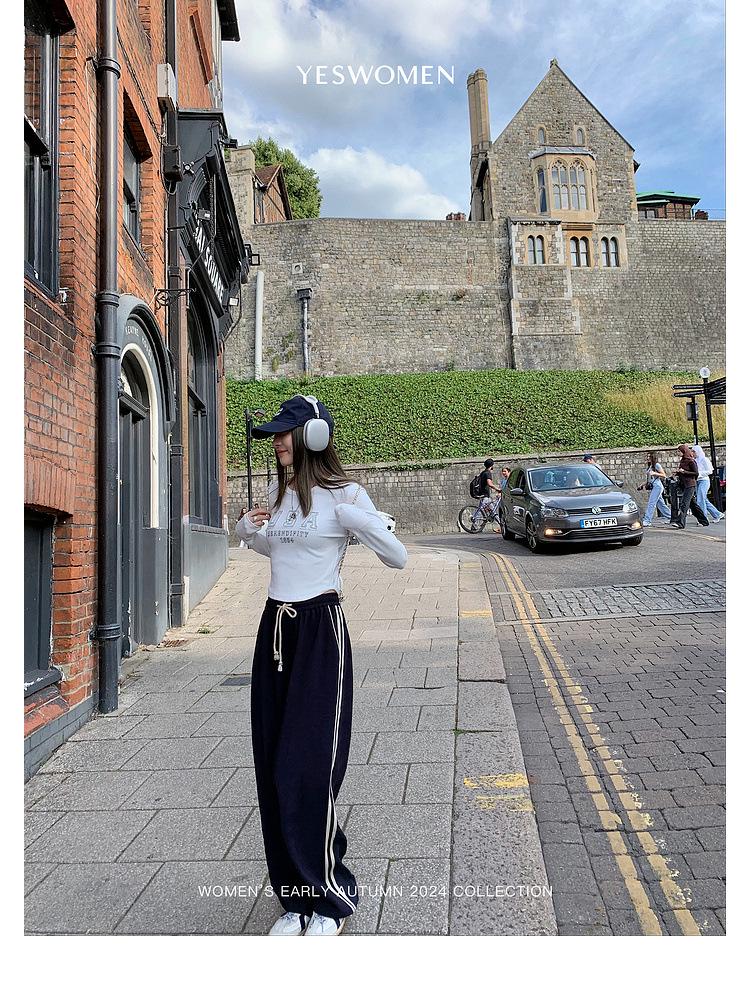 Women's Retro Color-Block Striped Wide-Leg Pants - Spring/Autumn Casual Loose Slimming Straight-Leg Long Sports Pants