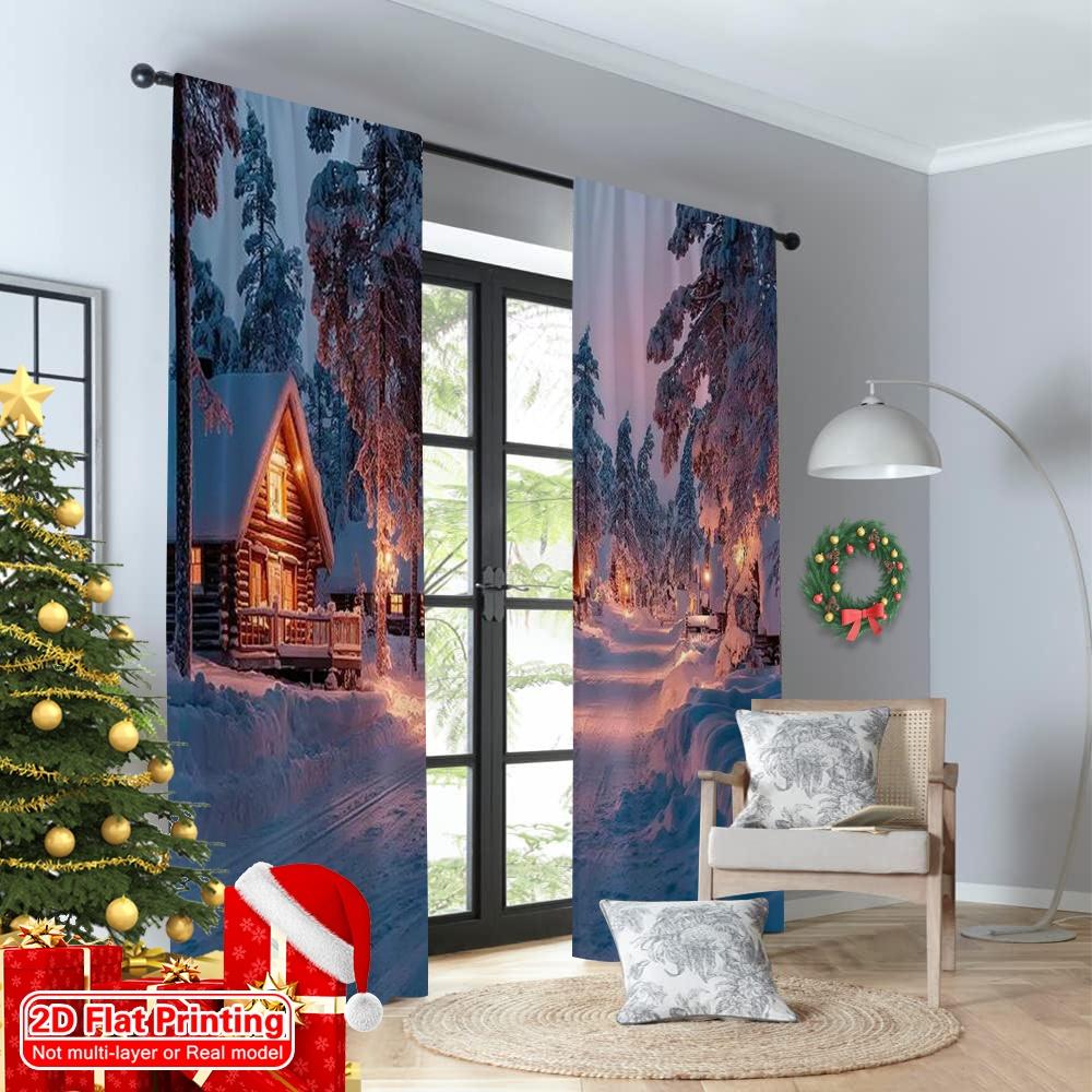 2pcs 2D flat printing Christmas Curtains Charming Snow Village Durable 100% Polyester Fabric Without Electricity Versatile Use