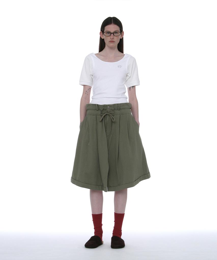 PARTIMENTO WOMEN Foldover Waist Midi Skirt_Khaki Green