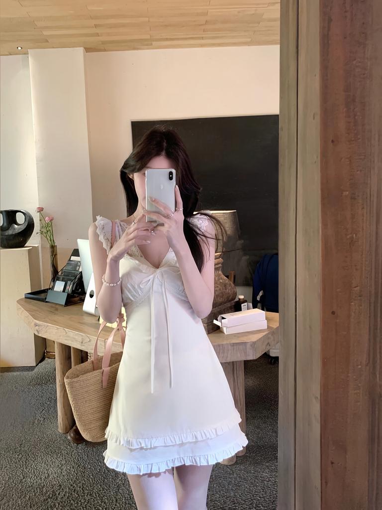 Practice, first love white dress, white suspender skirt with ruffle edge, short feminine French temperament fairy skirt