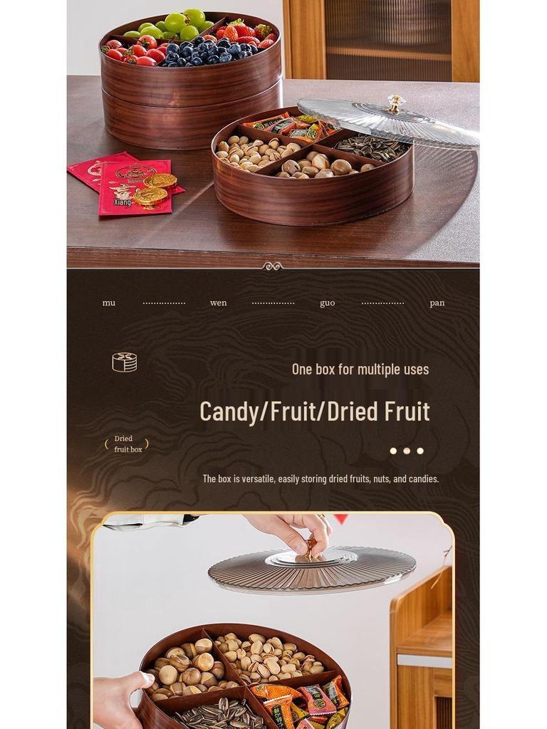 Wood Grain Multi-Grid Dried Fruit Candy Box - Thickened, Sealed, Moisture-Proof, Double-Layer Storage Plate
