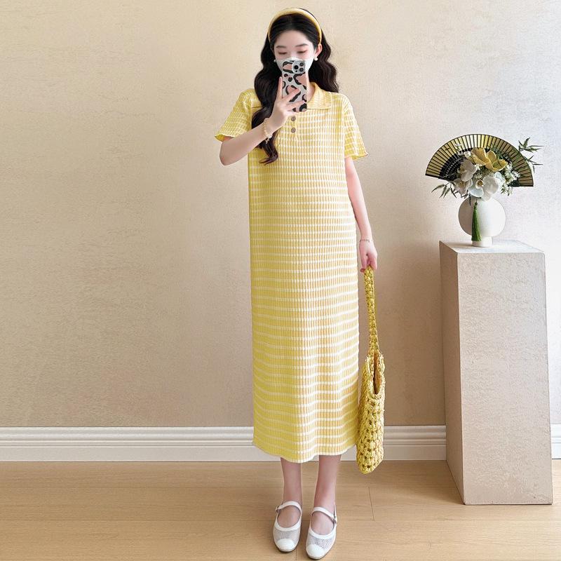 

Maternity Summer Polo Collar Color Block Plaid Slimming Ice Silk Dress for Pregnant Women M жовтий