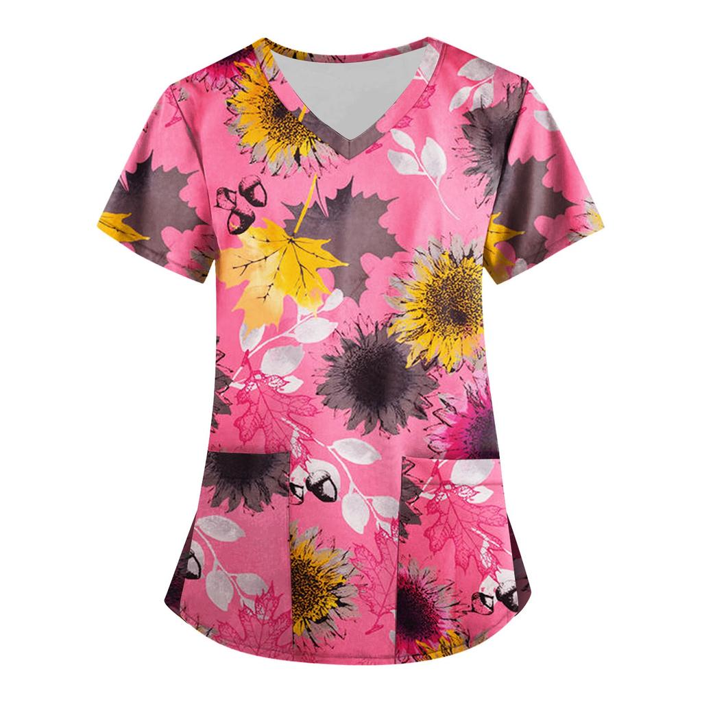 Women's Fashion V-neck Short Sleeve Workwear With Pockets Printed Tops