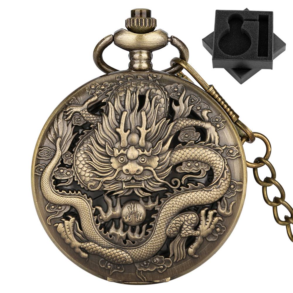 Antique Fashion Dragon Bronze Quartz Pocket Watch Classic Roman Numerals White Dial Necklace Fob Chain Pendant Pocket Timepiece