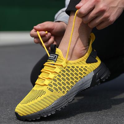 Men's Shoes Summer Fashion Knitted Mesh Lightweight Training Shoes Side Striped Walking Shoes Arch Support Lace Up Sports Shoes