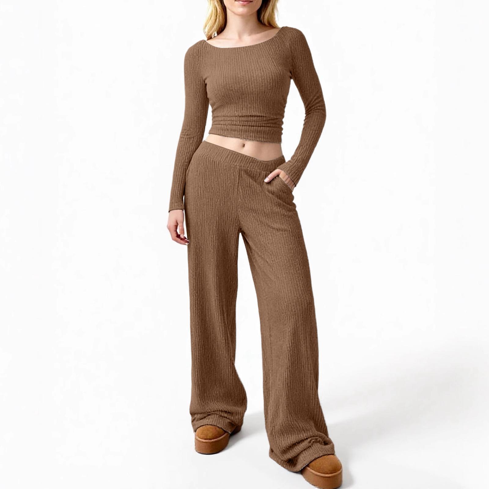 

Women s Long-sleeved Top And Elastic Waist Wide-leg Pants Fashion Casual Suit M коричневий