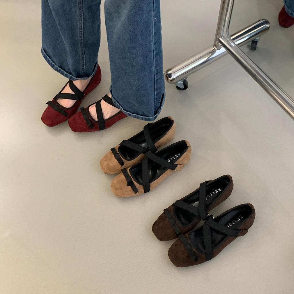 2025 spring and autumn new retro brown square head ballet shoes bow strap flat Mary Jane single shoes women