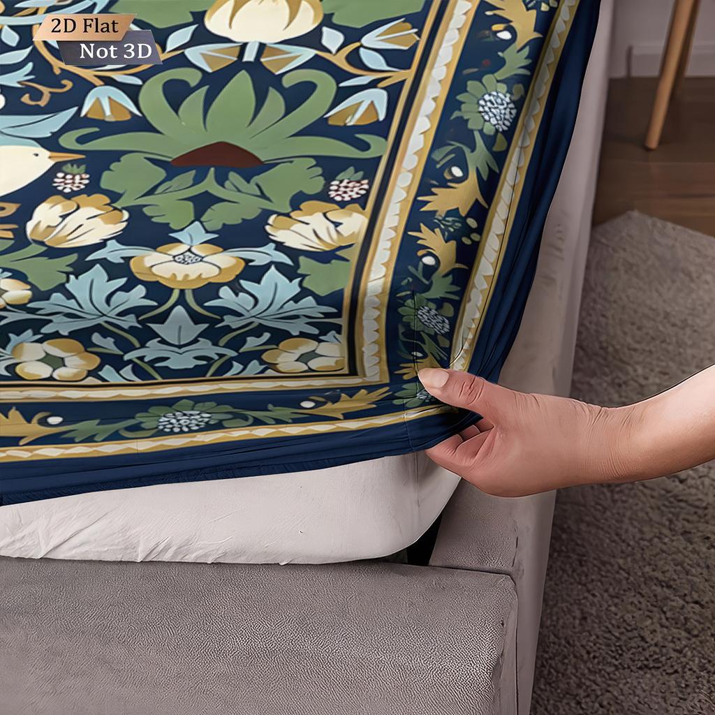 Conjunto de Lençóis Estilo Étnico Retrô com Padrão de Pássaro e Flor 3 Peças Cobertura de Cama Multitamanho Decoração de Cama para Quarto Lavável à Máquina