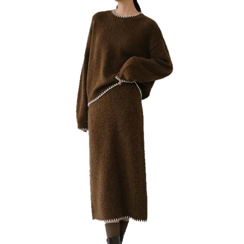 Europäisches und amerikanisches weich-wachsiges Herbst- und Winter-Strickanzug-Set für Damen, Rundhalsausschnitt, neuer weich-wachsiger lockerer Pullover + Rock Zweiteiler