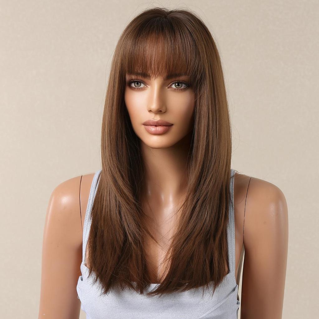 HAIRCUBE Long Straight Brown Synthetic Wigs for Women Natural Hair Dark Roots Wigs With Bangs Daily Party Heat Resistant Wigs