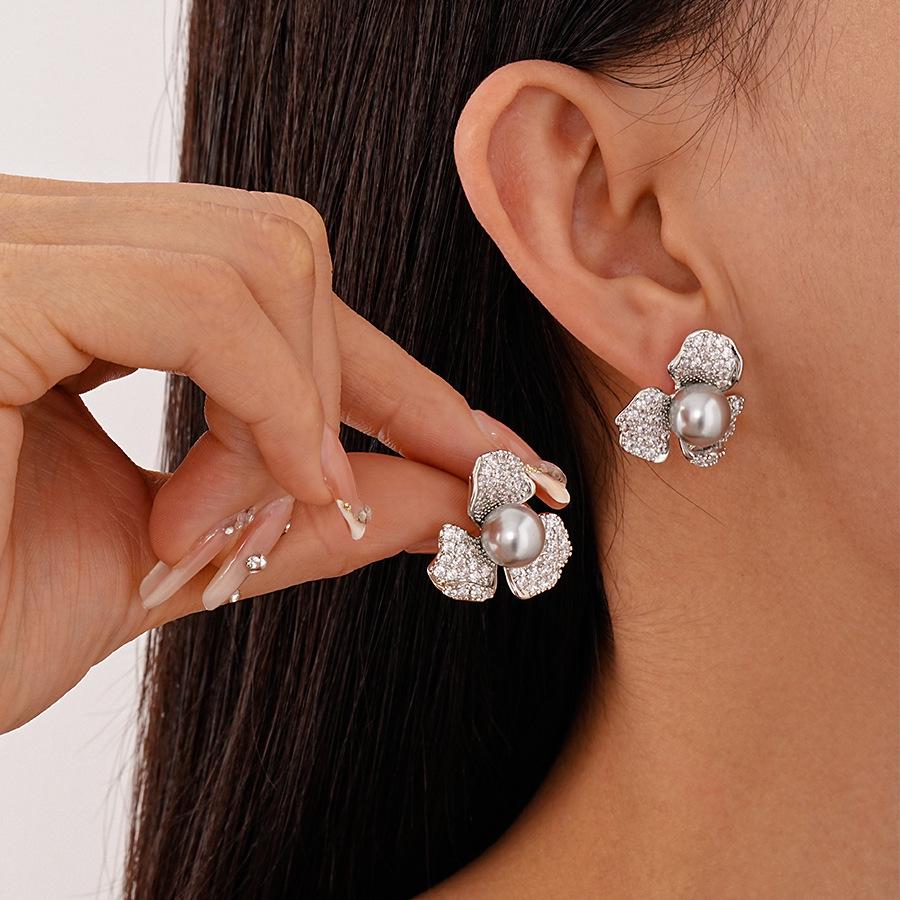 Chic Metallic Zircon Petal Pearl Earrings for Women