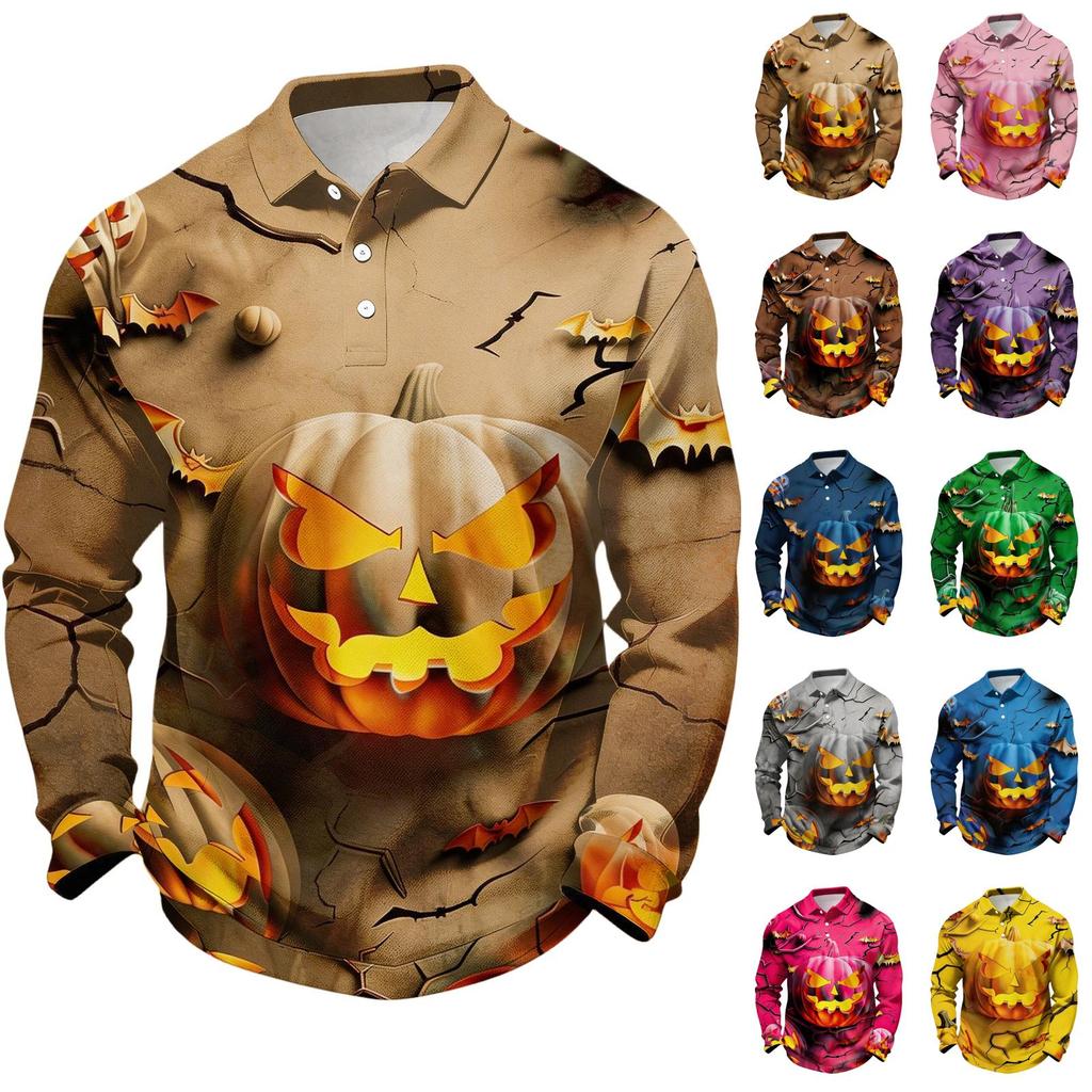 Men's Casual Long Sleeve Button Down Shirt for Halloween Party