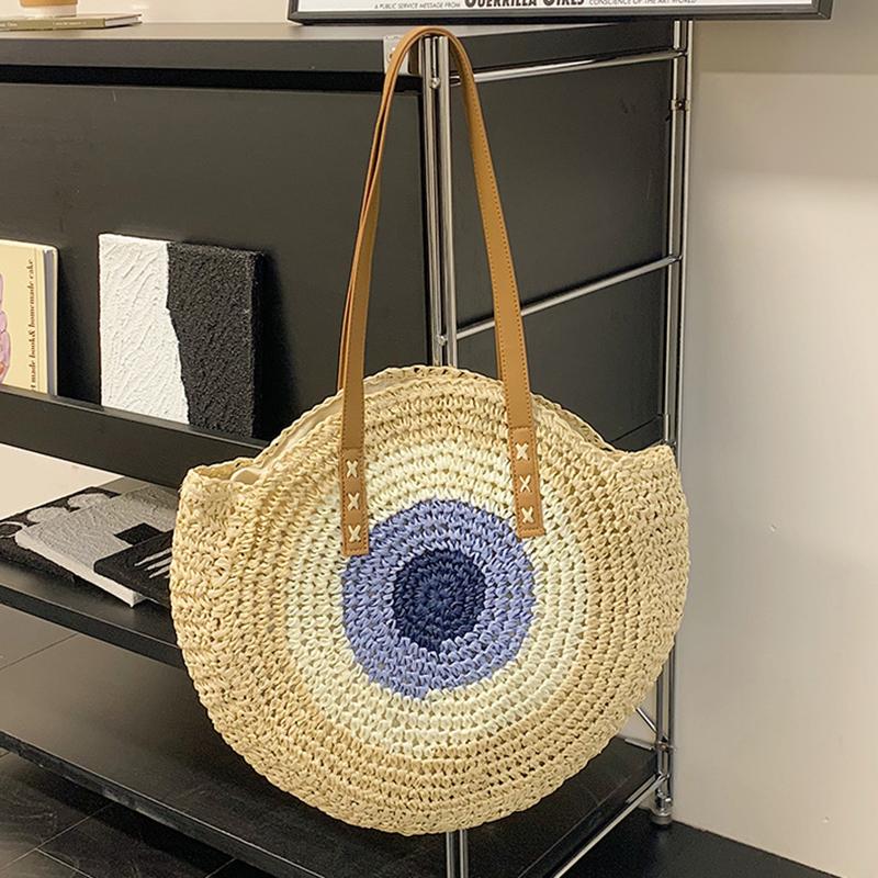 Straw Bag Women Hand-Woven Handbag Round Shape Rattan Bag Big Capacity Casual Beach Shoulder Crossbody Bag