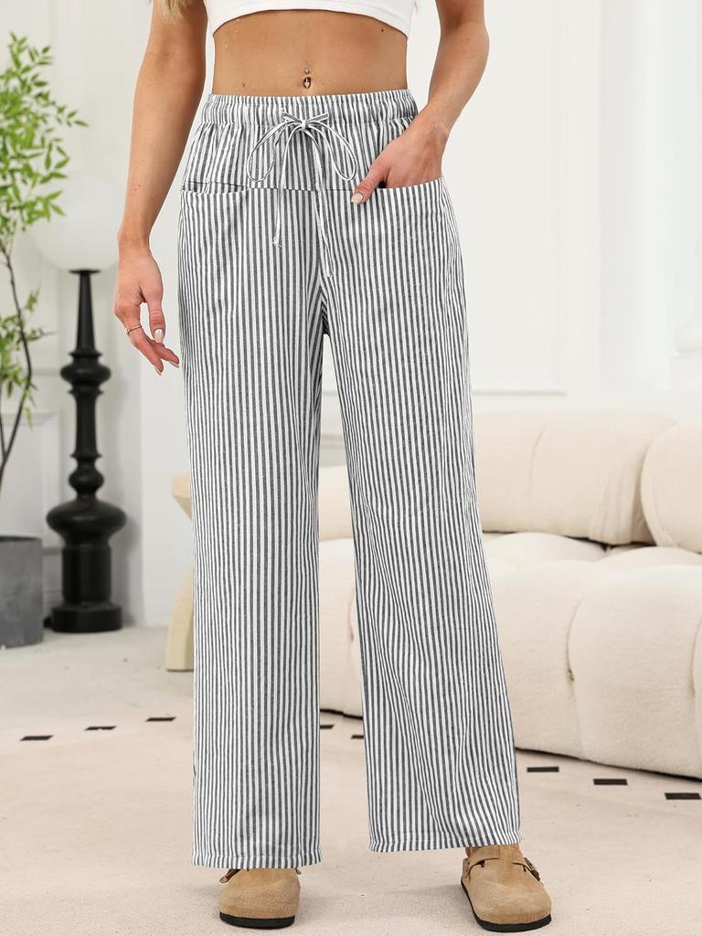 Women's High Rise Wide Leg Pants Loose Fit Trousers Plaid Drawstring Woven Spring Casual Long Pants For Daily Street Outfit