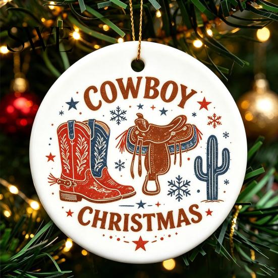 Xmas Tree Hanging Ornaments Ceramic Christmas Ornament, 2D Double Sided Cowboy/Nutcracker/Holy Berry Living Room Wall Decor Ornament for Holiday Tree,
