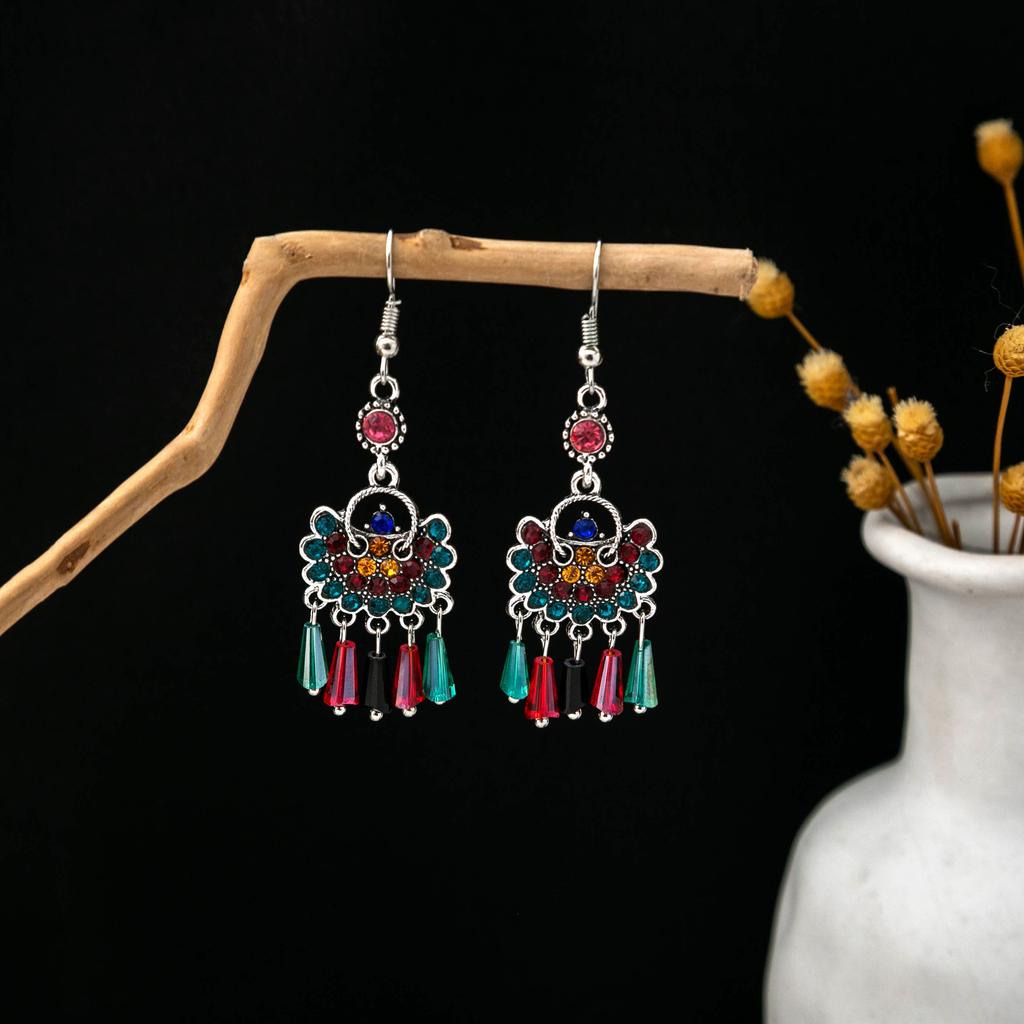 Minority Style Colored Water Drop Fringed Earrings, High-End Sense Diamond-Set Exquisite Earrings, Exotic Fashion Versatile Earrings