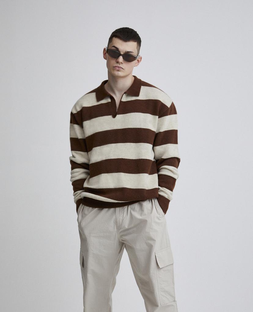 ODEOUEKNIT Muscle Fit Rugby Polo Knit (Cream Brown)