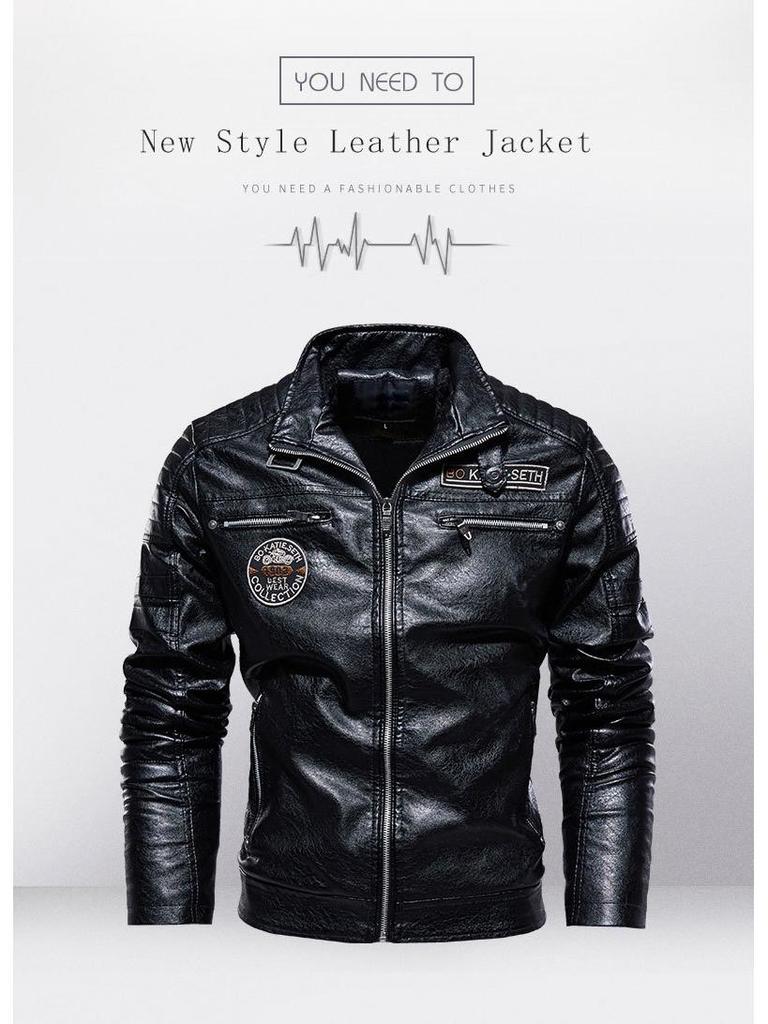 [English Details] Men's PU Leather Motorcycle Jacket - European Size, New Design with Plush Lining