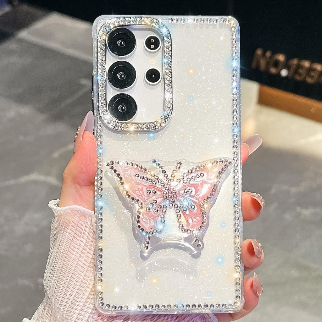 Butterfly Bracket Suitable for Samsung S25 Ultra Mobile Phone Case Flash Drill S24FE Flash Powder A56 Protective Case A17