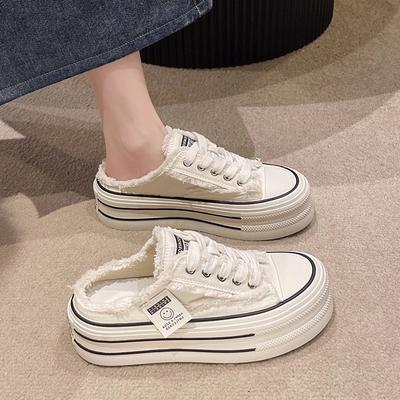 Baotou Slippers Women Wear New Canvas Shoes In Autumn Without Heel Versatile Lazy Half Drag Thick Bottom Tide