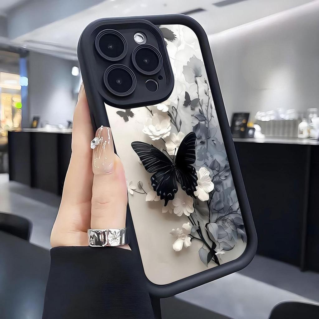 Black Butterfly Groove-Style Protective Case for iPhone 14/15/16/17 Pro Max