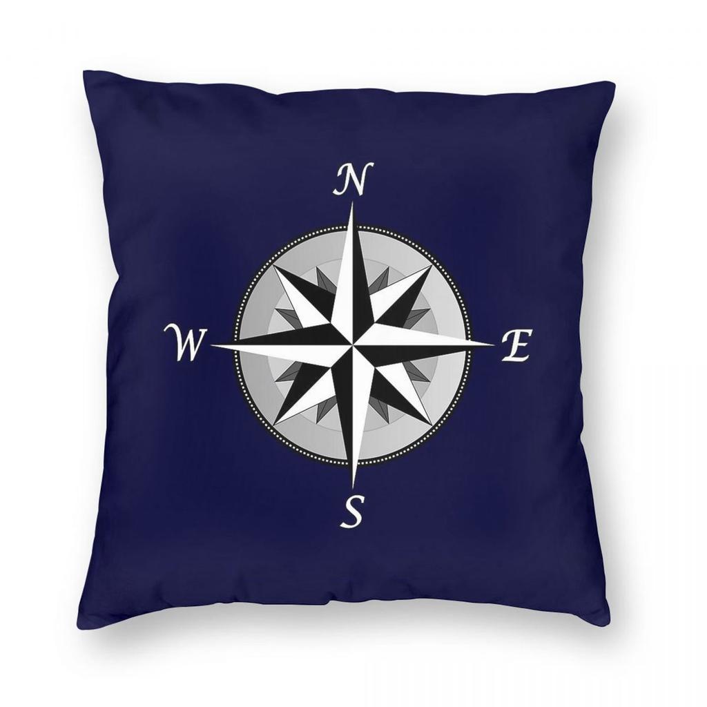 Navy Blue Compass Rose Fancy Square Pillowcase Polyester Linen Velvet Pattern Zip Decor Pillow Case Room Cushion Case
