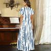 Women Plus Size V Neck Short Sleeve Blue White Printed Straight Maxi Dress