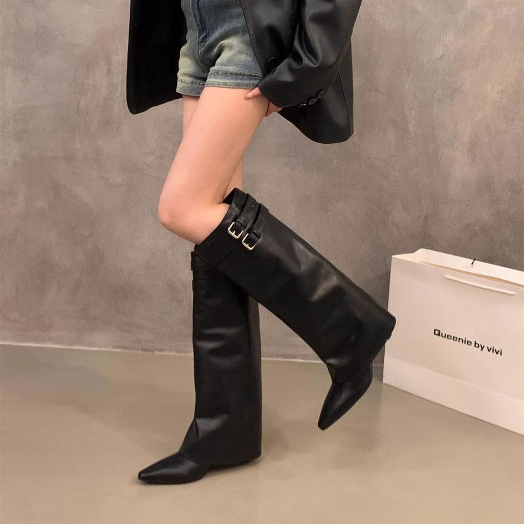 Pointed high-heeled brown Maillard medium boots women's shoes 2025 new spring and autumn winter trousers long tube knight boots