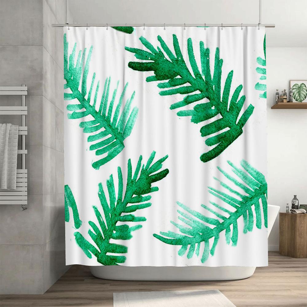 Stylish Green Palm Leaf Shower Curtain Waterproof Bathroom Decor White Polyester Fabric Watercolor Design for Home Bathrooms Spa