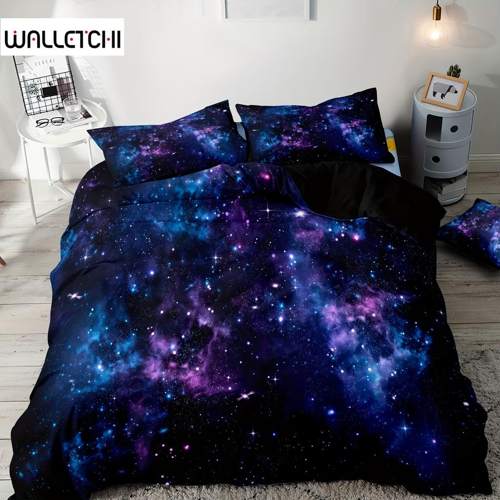 Soft and Comfortable Purple Star Galaxy Print Duvet Cover Set Washable Microfiber Bedding for Bedroom and Guest Room