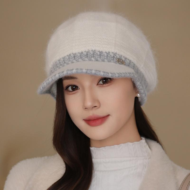 Female Winter Rabbit Fur Warm Fleece Mother Hat Middle-aged and Elderly Elegant Color Matching Knitted Wool Hat