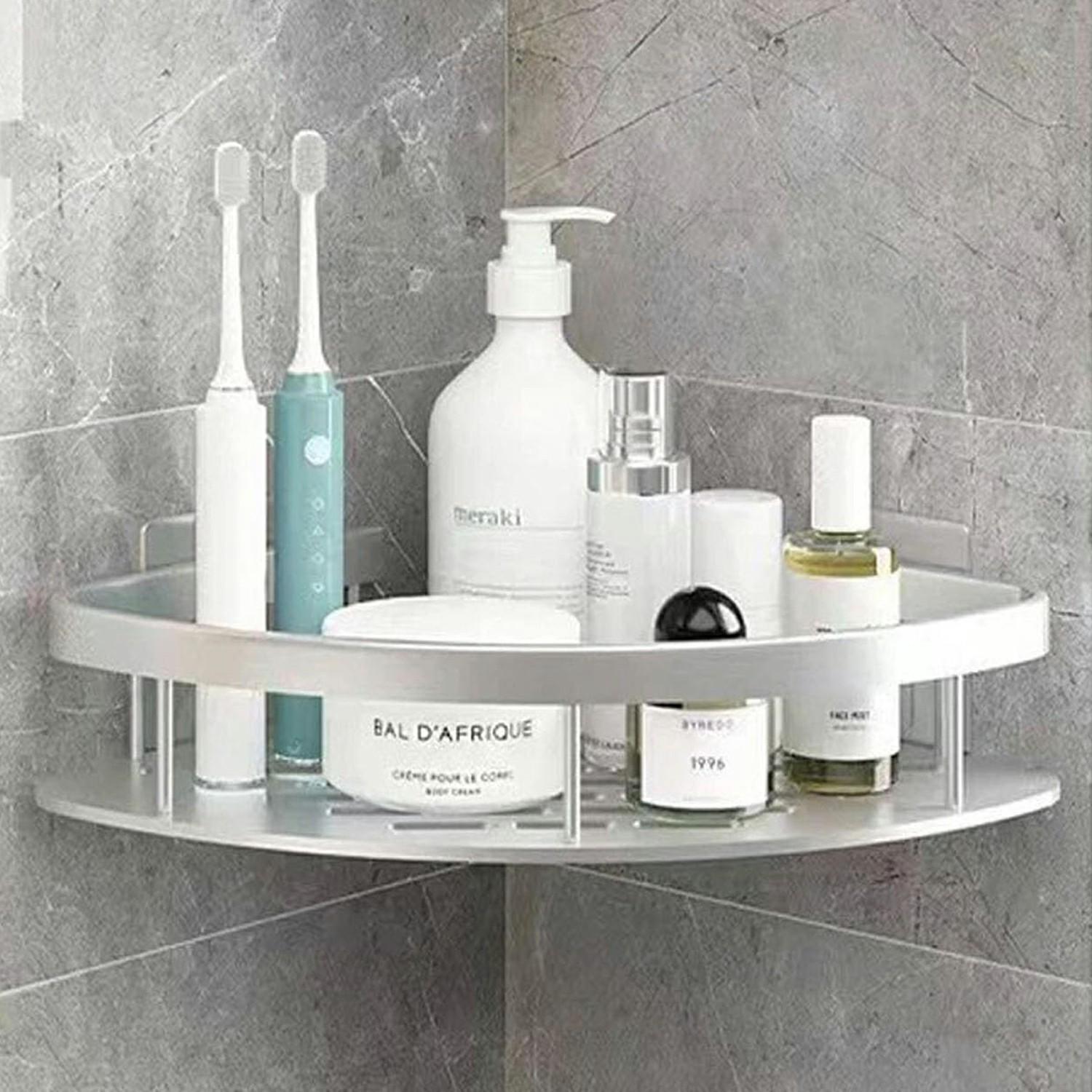 Space Aluminum Bathroom Corner Shelf Adhesive Wall Mount Shower Triangular Storage Rack A